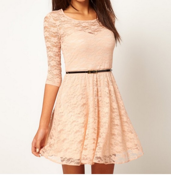 Fashion Lace Stitching Round Neck LongSleeved Dress With Belt Beige